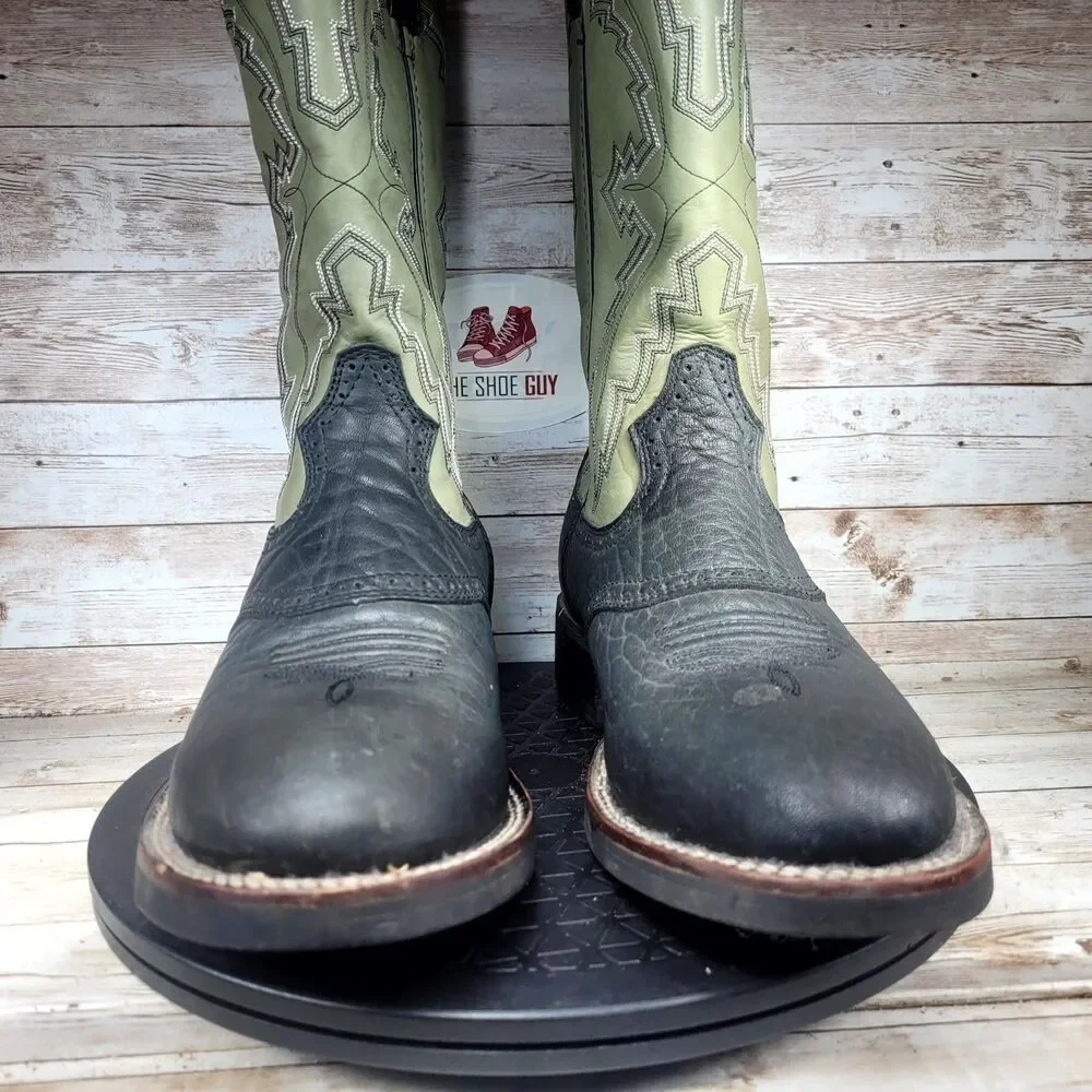 Durango Cowboy Western Boots Men's Size 8 Black Green Leather Round Toe Outdoor